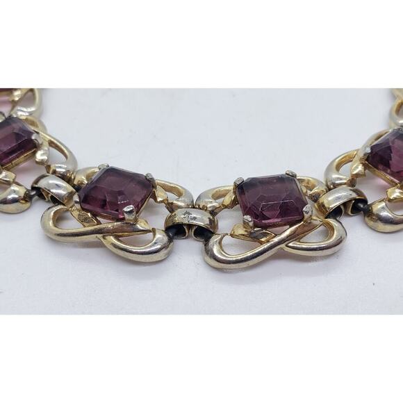 Vintage Link Bracelet Gold Wash Big Purple faceted Glass Stones Chunky Wide 60s - Picture 6 of 10